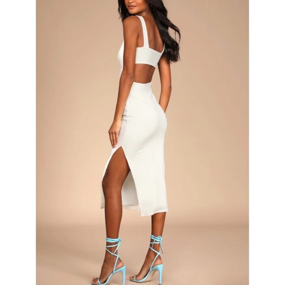 Lulus Divide and Contour White Ribbed Cutout Bodycon Midi Dress Sz Medium Womens - Picture 8 of 16